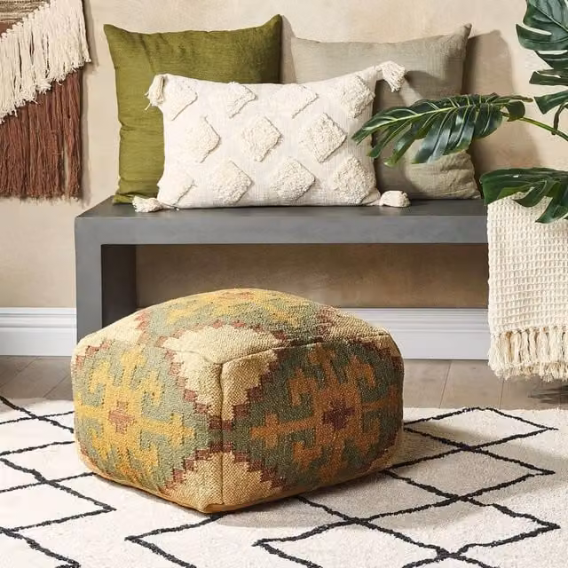 Wyld and Coco Boho Geometric Jute and Wool Pouffe in Beige and Multicolour, W/D/H: 50 x 50 x 30 cm – 1