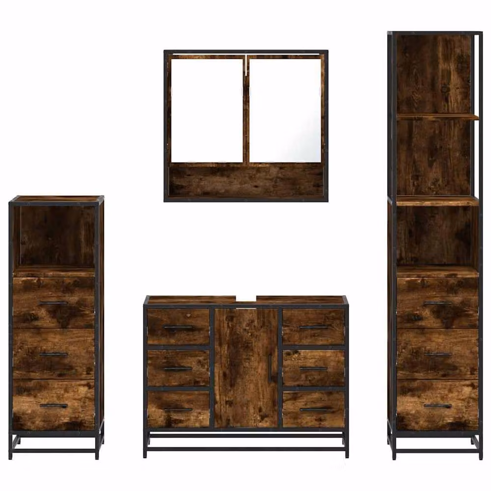 Berkfield Home 4-Piece Industrial Bathroom Furniture Set in Smoked Oak Brown – 4
