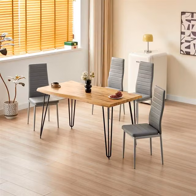 KOSY KOALA Brown Wood Dining Table with 4 Grey Faux Leather Chairs Set
