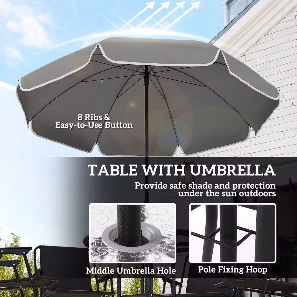 Outsunny 6 Piece Garden Furniture Set with Round Glass Table and Folding Chairs in Black – 6