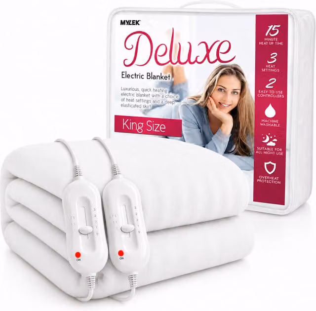 Mylek Electric Heated Mattress Cover King Size with Dual Control and Elasticated Skirt, White, W/D/H: 192 x 152 x 40 cm