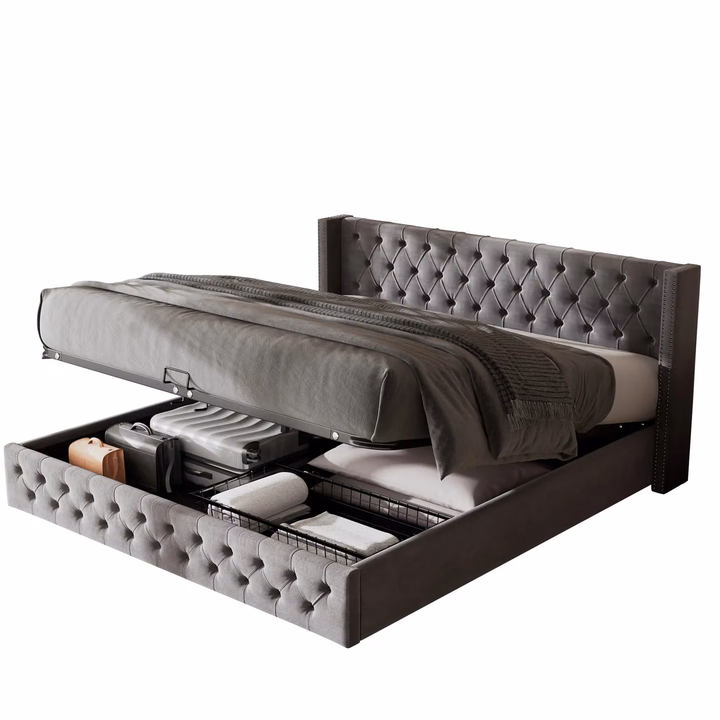 Matteo Grey Velvet Upholstered Bed with Hydraulic Lift-Up Storage, W: 150 cm, L: 200 cm – 6