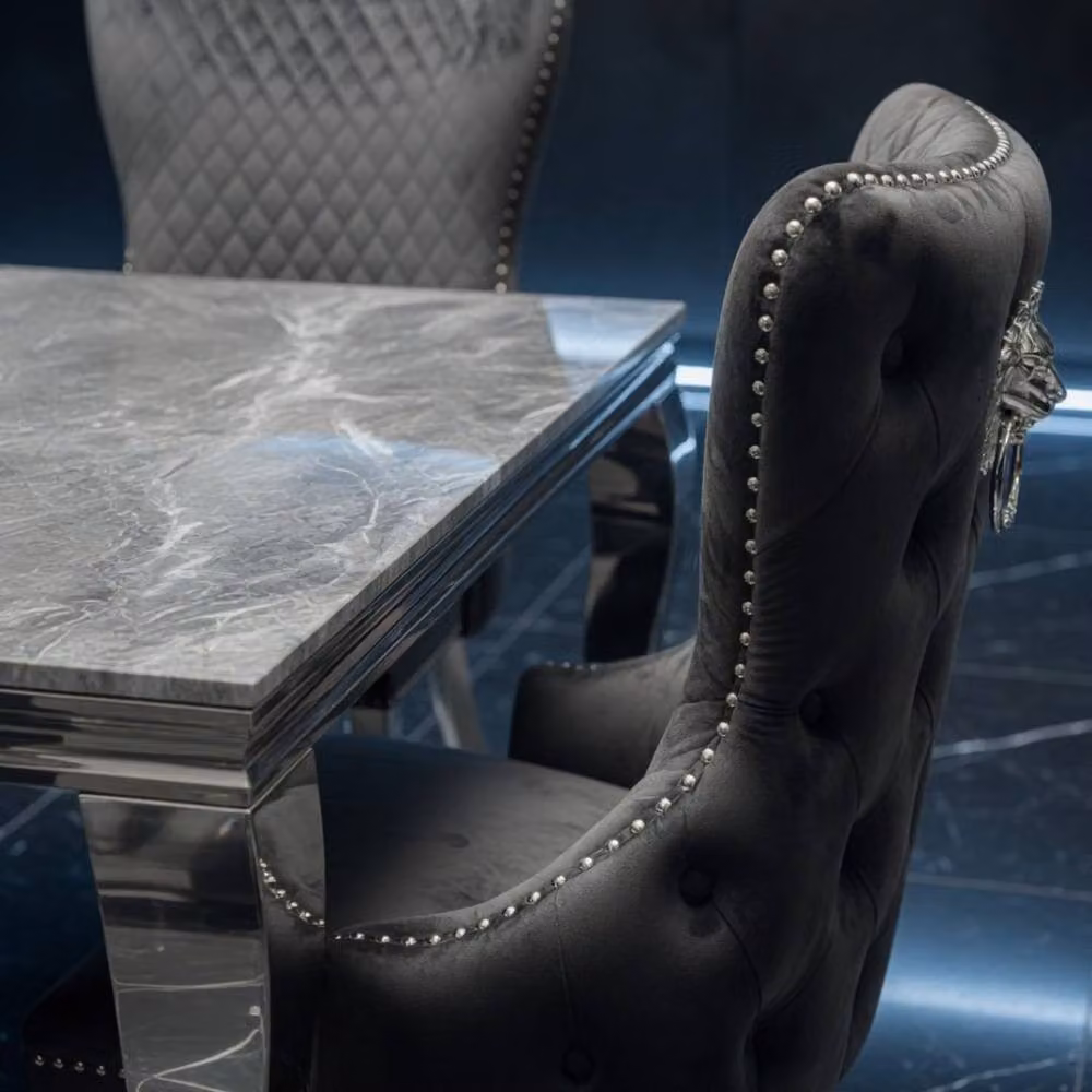 HOME LUXE INTERIOR Sofia Grey Marble Rectangular Dining Table and 6 Victoria Grey Silver Chairs – 7