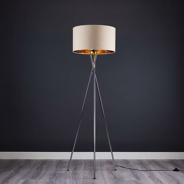 ValueLights Camden Chrome Tripod Floor Lamp with Fabric Cylinder Shade and Bulb in Silver and Yellow