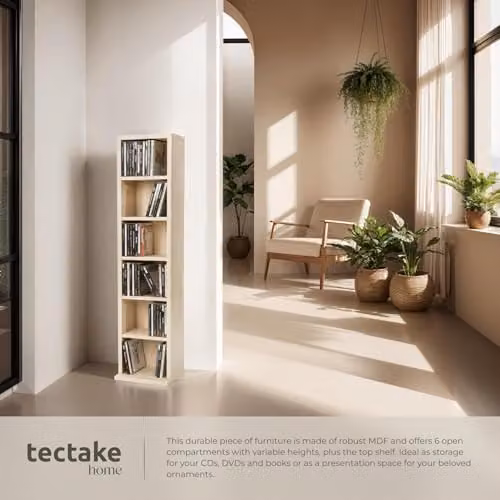 tectake CD Storage Unit in Beech Wood Look with 6 Adjustable Shelves, W/D/H: 113.0 x 26.5 x 26.5 cm – 3