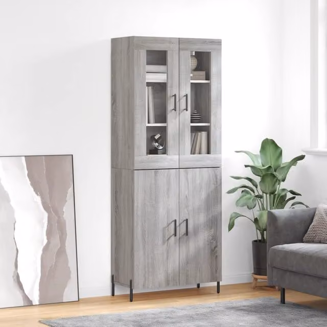 Berkfield Home Modern Grey Highboard with Glass Doors, W/D/H: 69.5 x 34 x 180 cm