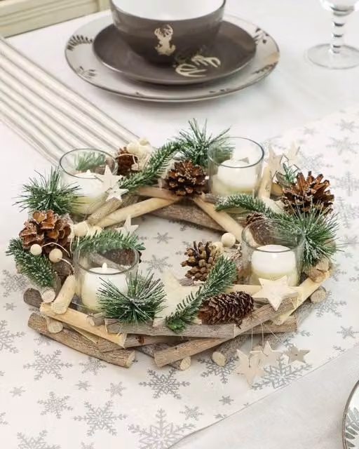 Dibor Nordic Scandinavian Christmas Wreath Tealight Holder in Brown and Sand, Diameter: 30 cm – 1