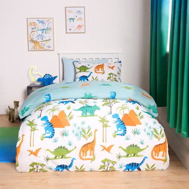 OHS Reversible Dino Childrens Duvet Cover Set, Blue, White and Multicolour, 90x190 cm