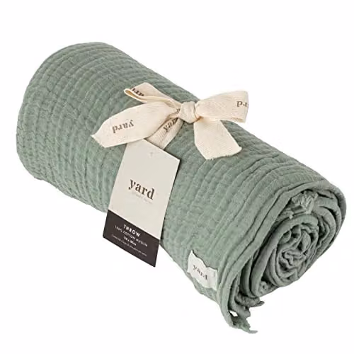 Riva Home Yard Lark Cotton Muslin Throw with Fringes, Green, W: 130 cm, D: 180 cm – 2