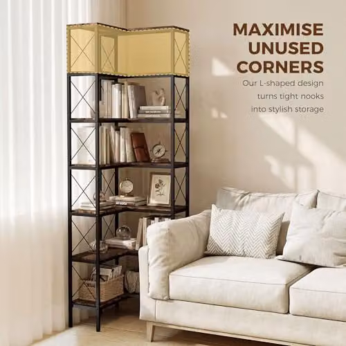 HOMCOM 6-Tier Industrial Corner Bookshelf, L-Shaped Freestanding Unit in Brown, W/D/H: 60 x 60 x 200 cm – 3