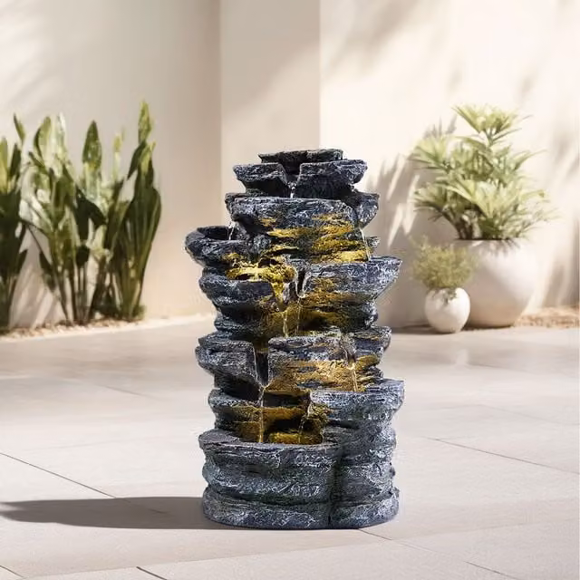 Lifeideas Grey Solar Tabletop Rockery Fountain with LED Lights, Height: 22 cm