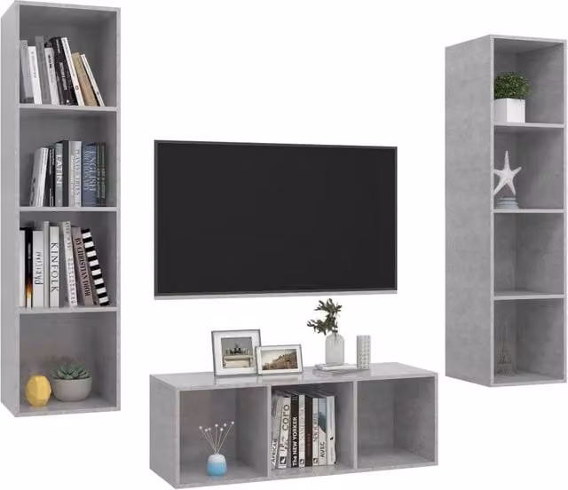 Berkfield Home Practical 3 Piece Modern TV Cabinet Set in Concrete Grey MDF – 1