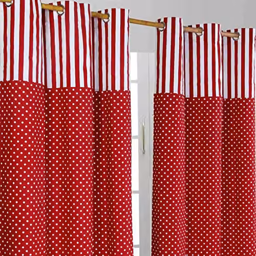 HOMESCAPES Red Polka Dot 100% Cotton Unlined Eyelet Curtain Pair, Width: 117 cm, Drop: 137 cm
