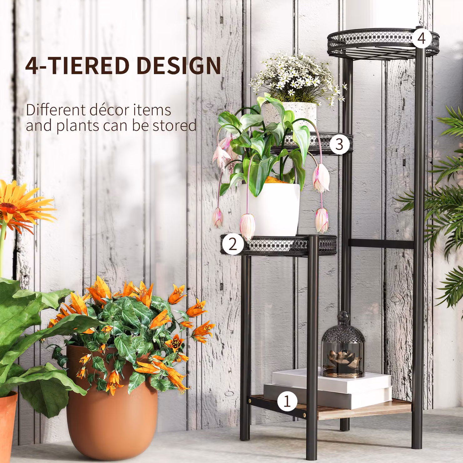 Outsunny Four-Tier Steel and Wood Plant Stand in Black – 3