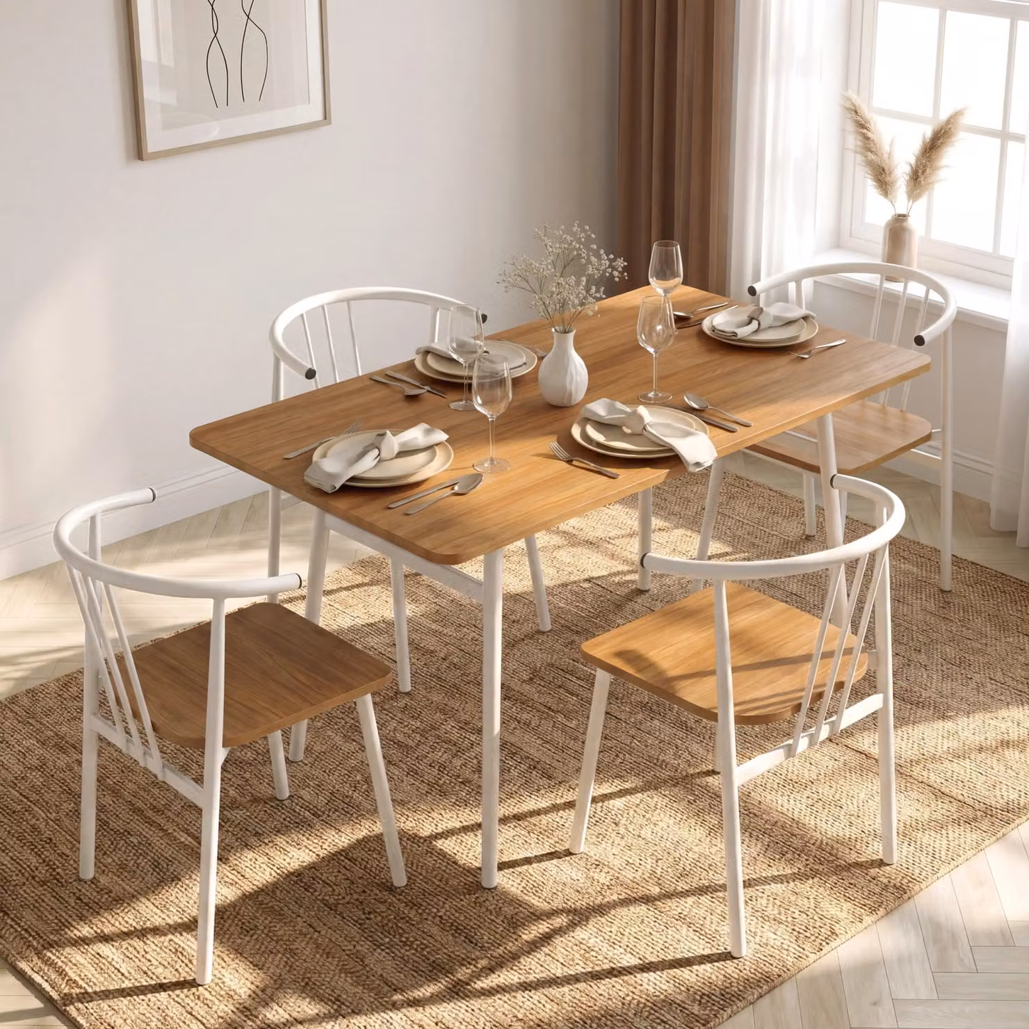 DHS Torvi Industrial Dining Set with Rectangular Table and 4 Chairs in Brown and White
