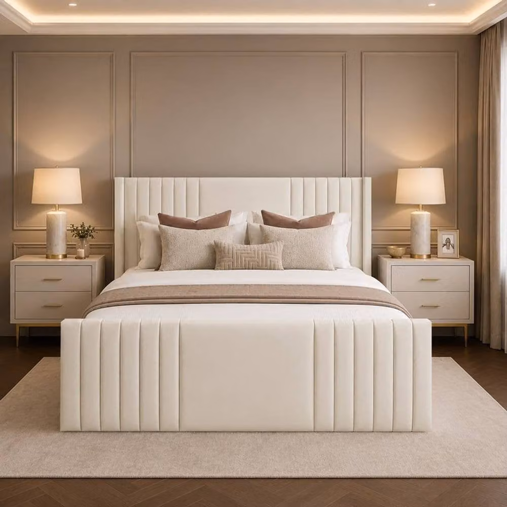 Desire Deco Carolyn Plush Velvet Upholstered Wingback Panel Bed Frame in Beige, W/D/H: 120 x 200 cm – 1