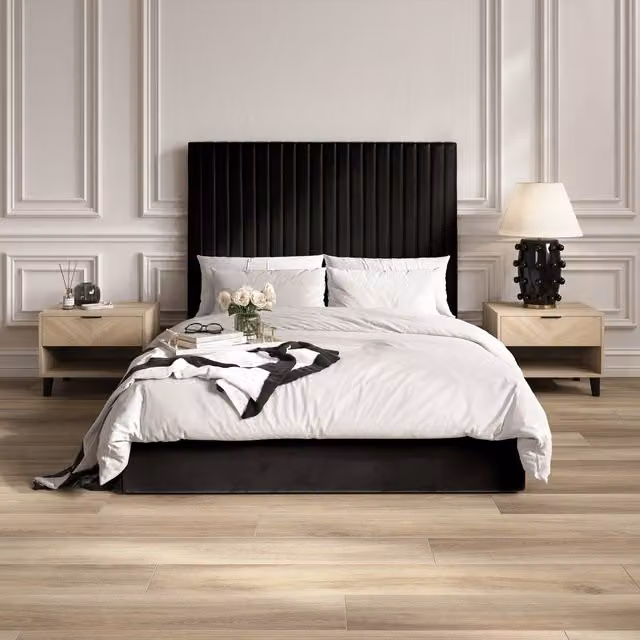 LPD Home Berlin Tall Headboard Ottoman Bed in Black Velvet, W/D/H: 180 x 200 cm