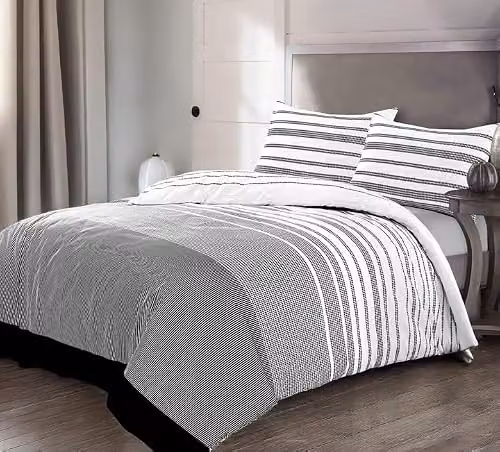 Home Sweet Home UK King Size Polycotton Duvet Cover and Pillowcase Set with Black Stripe Pattern, W/D/H: 220 x 180 x 240 cm