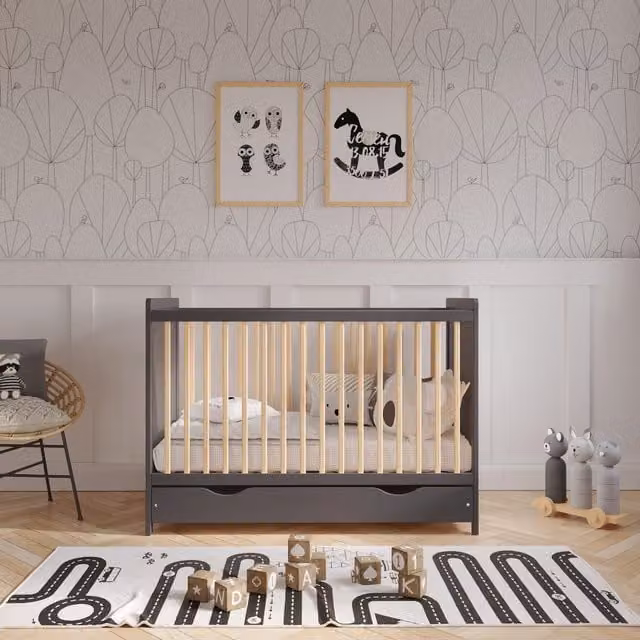 Love For Sleep Tokyo Cot Bed with Drawer and Drop Side in Anthracite and Pine