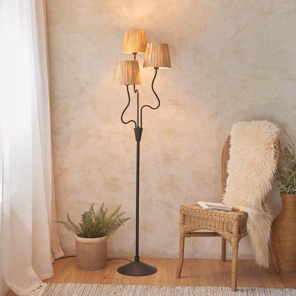 Netlighting Wriggle Multi Arm Floor Lamp in Matt Black and Natural Rattan with 3x E14 Sockets – 2