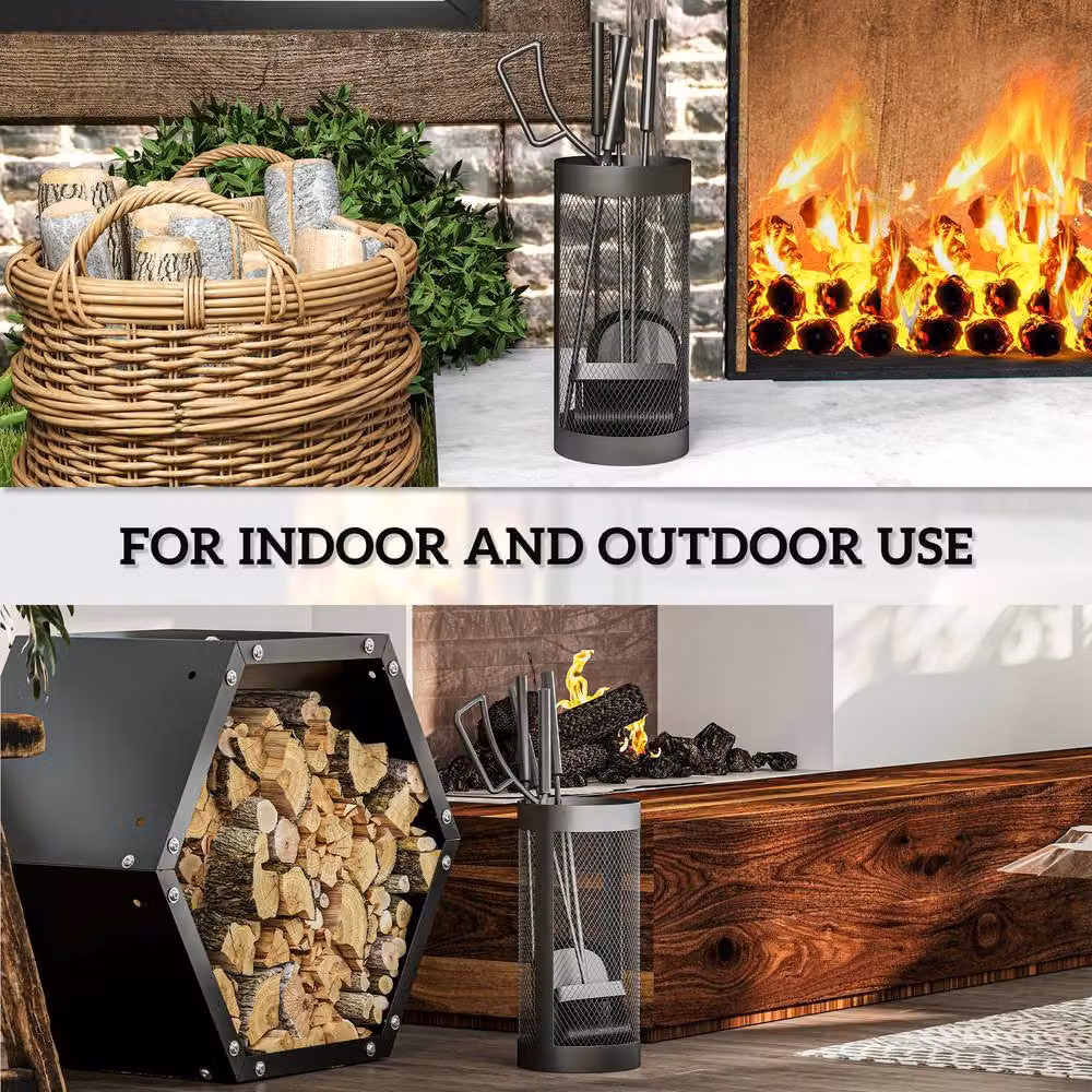 OUTSUNNY 5-Piece Fireplace Tools Set with Basket in Black – 6