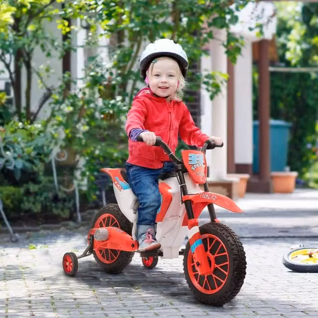 HOMCOM 12V Kids Electric Motorbike Ride-On Motorcycle with Training Wheels, Red and White