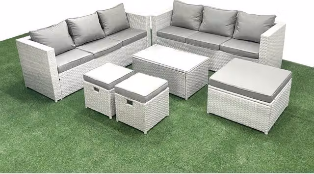 Fimous 9-Seater PE Rattan Garden Sofa Set in Grey with Upholstered Cushions and Ottomans
