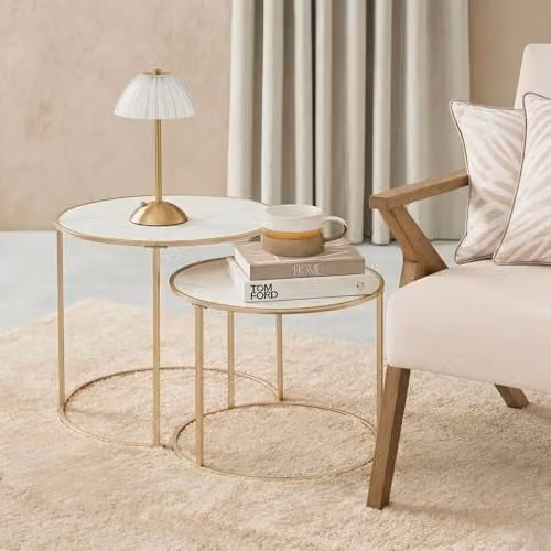 OHS Marble Nest of 2 Round Side Tables in White and Gold