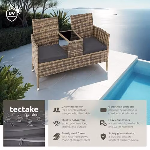 tectake Outdoor Rattan Bench with Integrated Table and Cushions, W/D/H: 133 x 63 x 84 cm, Nature/Grey – 2