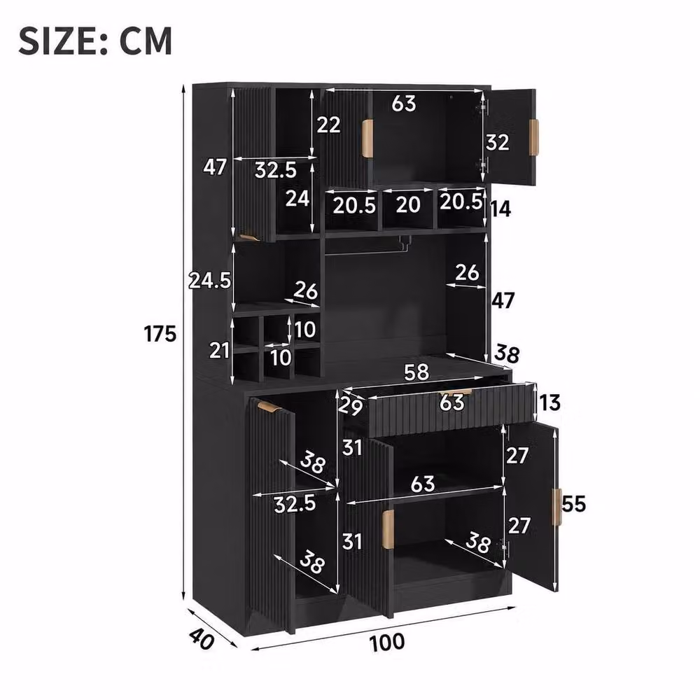 STILVORA Modern Tall Cabinet in Black with Glass Doors and Bottle Rack, H 175 x W 100 x D 40 cm – 2