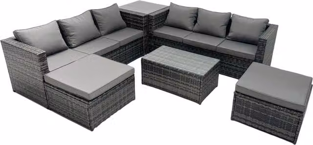 Fimous 8-Seater Patio Coffee Table Sofa Set with Side Table and 2 Big Footstools in Dark Grey