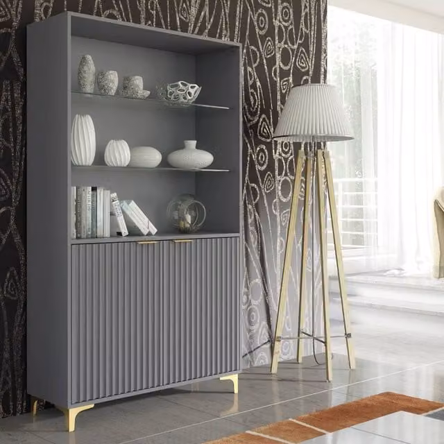 Creative Furniture Tide Crest Display Cabinet in Dark Grey with Fluted Glass Doors, Height: 175 cm – 1