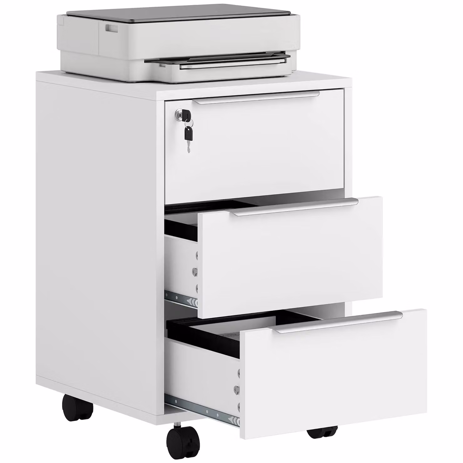 HOMCOM Modern 3-Drawer Locking Mobile Filing Cabinet in White Metal – 2
