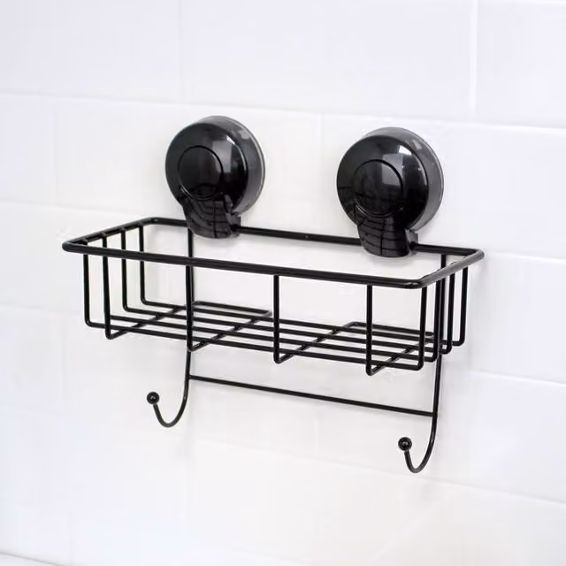 Showerdrape Suctionloc Black Wall Mounted Sponge Basket and Mounting Discs