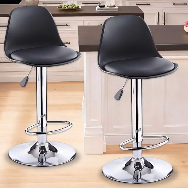 Ventryn Set of 2 Adjustable Swivel Bar Stools in Black Synthetic Leather with Metal Base