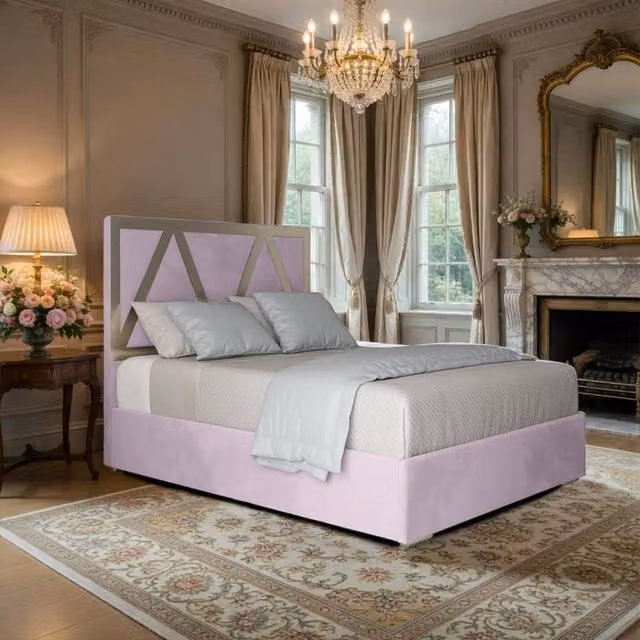 KDMD Eskdale Upholstered Soft Velvet Designer Bed Frame in Pink with Metal Details, Super King Size 200 x 200 cm