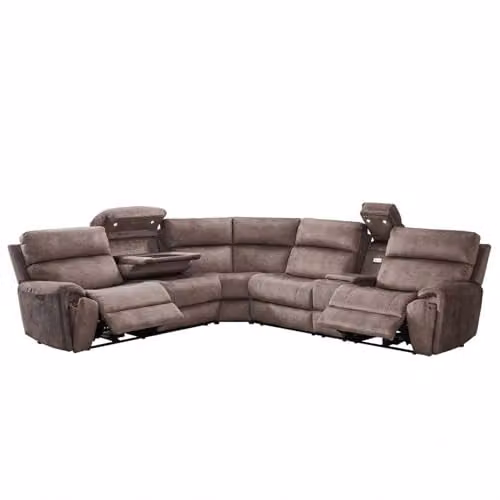 Furnishings For Less UK Valtos 5 Seater L-Shape Electric Reclining Corner Sofa in Brown Fabric with USB Charging and Cup Holders – 1