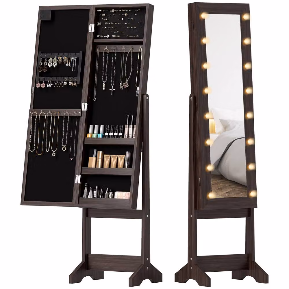 STILVORA Modern Jewellery Storage Cabinet with LED Lighting and Glass Doors in Brown – 4