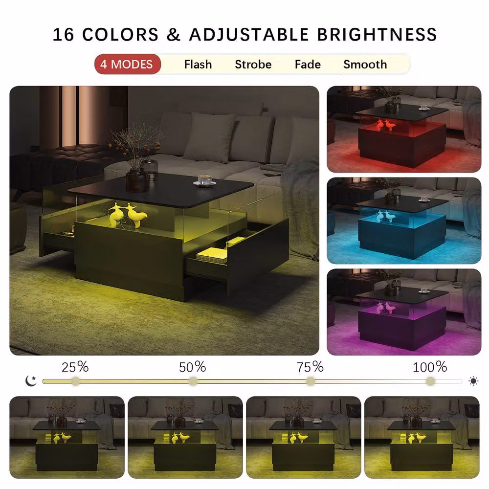 KEEPREAPER Modern Square Coffee Table with 2 Drawers and LED Light in Black – 3