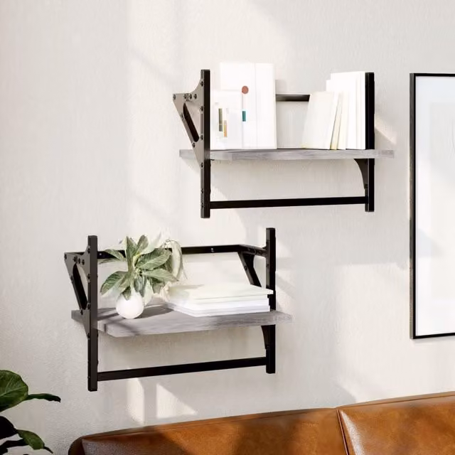 Berkfield Home Wall Shelves with Bars, 2 Piece Set, Grey Sonoma, W: 40 cm, D: 25 cm, H: 30 cm