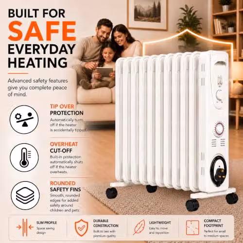 MYLEK 2500W Oil Filled Electric Radiator in White with Thermostat and Timer, W/H: 46 x 63 cm – 5