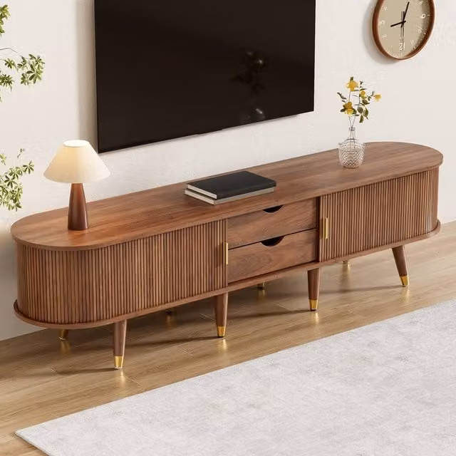 Merax Mid-Century Oval TV Stand with Slatted Sliding Doors, Walnut Brown, W: 175 cm, D: 45 cm, H: 45 cm – 1