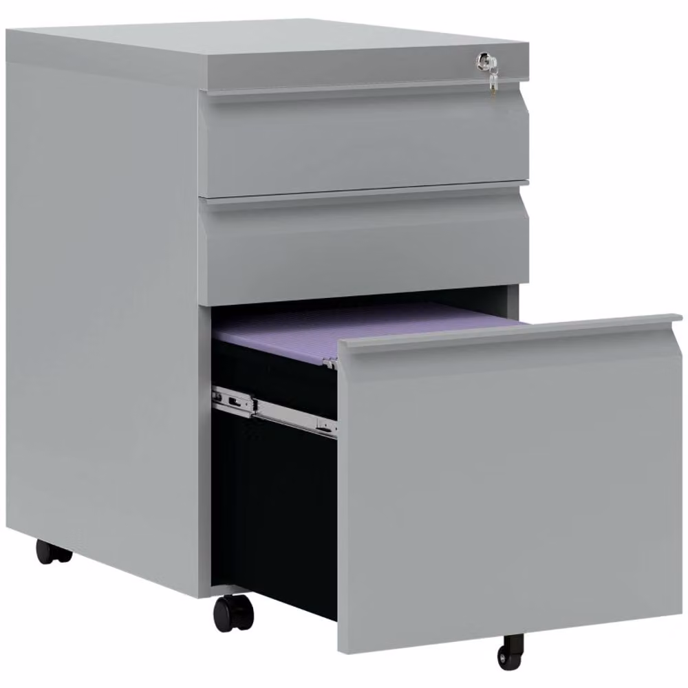 STILVORA 3-Drawer Metal Filing Cabinet with Lock and Castors, Grey, W/D/H: 48 x 39 x 60 cm – 3