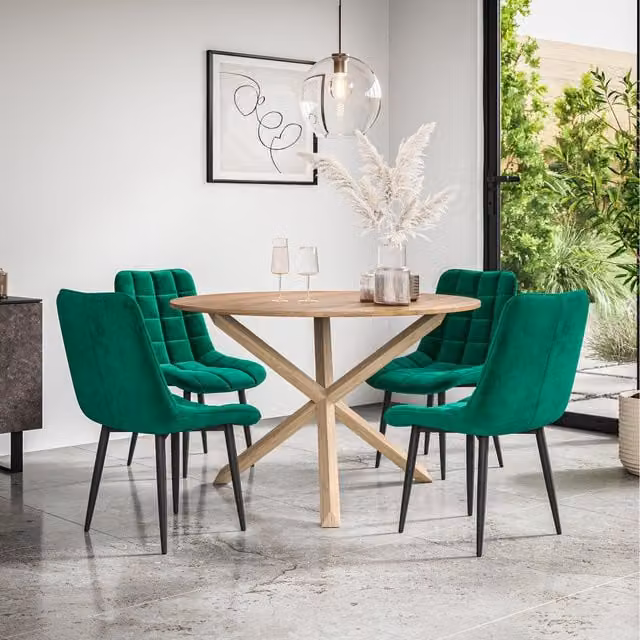 More4Homes Malvern Round Oak Effect Dining Table Set with 4 Green Nova Velvet Chairs, Diameter: 120 cm, Height: 75 cm