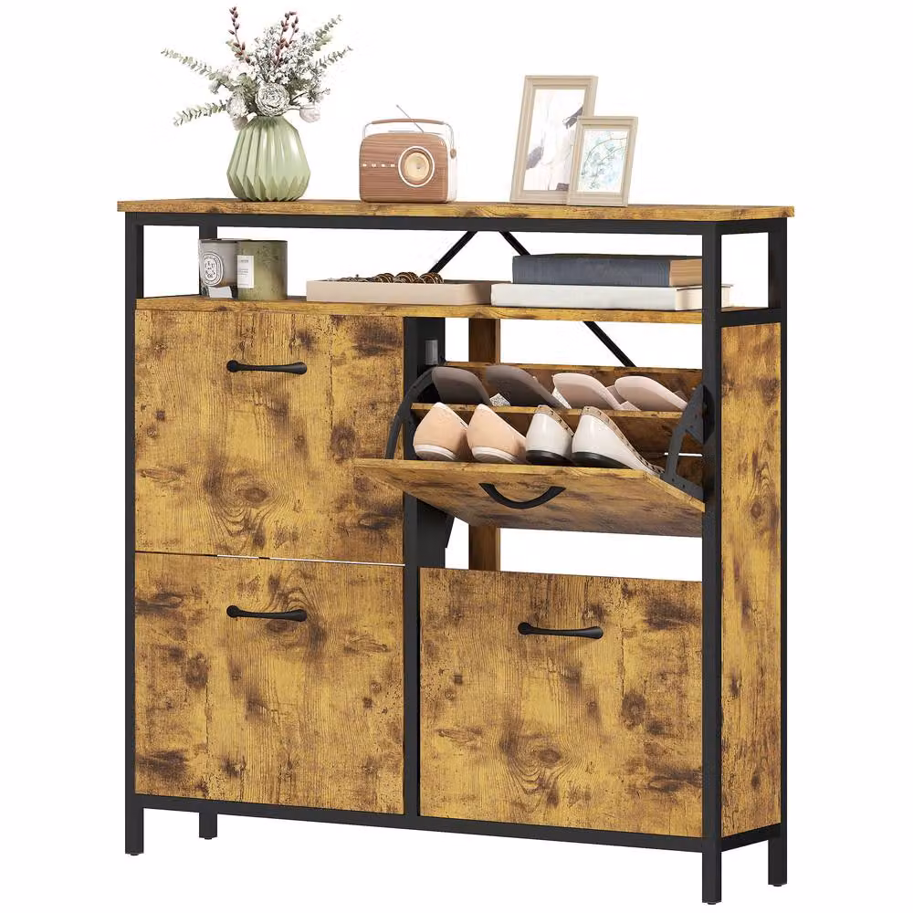 STILVORA Industrial Shoe Cabinet in Brown and Black with 4 Tilting Compartments and Open Shelf – 2