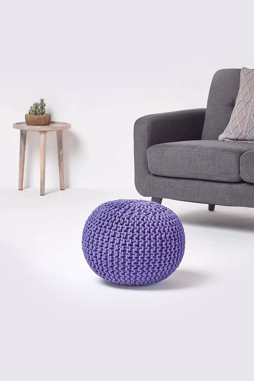 Homescapes Round Cotton Knitted Pouffe Footstool in Purple – 2