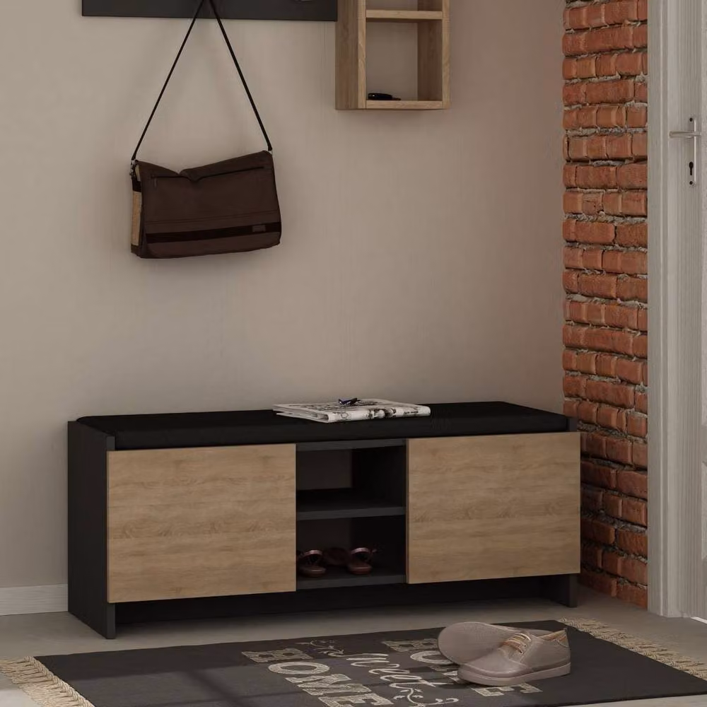 CALICOSY Zulla Shoe Bench with 2 Doors and 2 Niches in Light Oak – 2