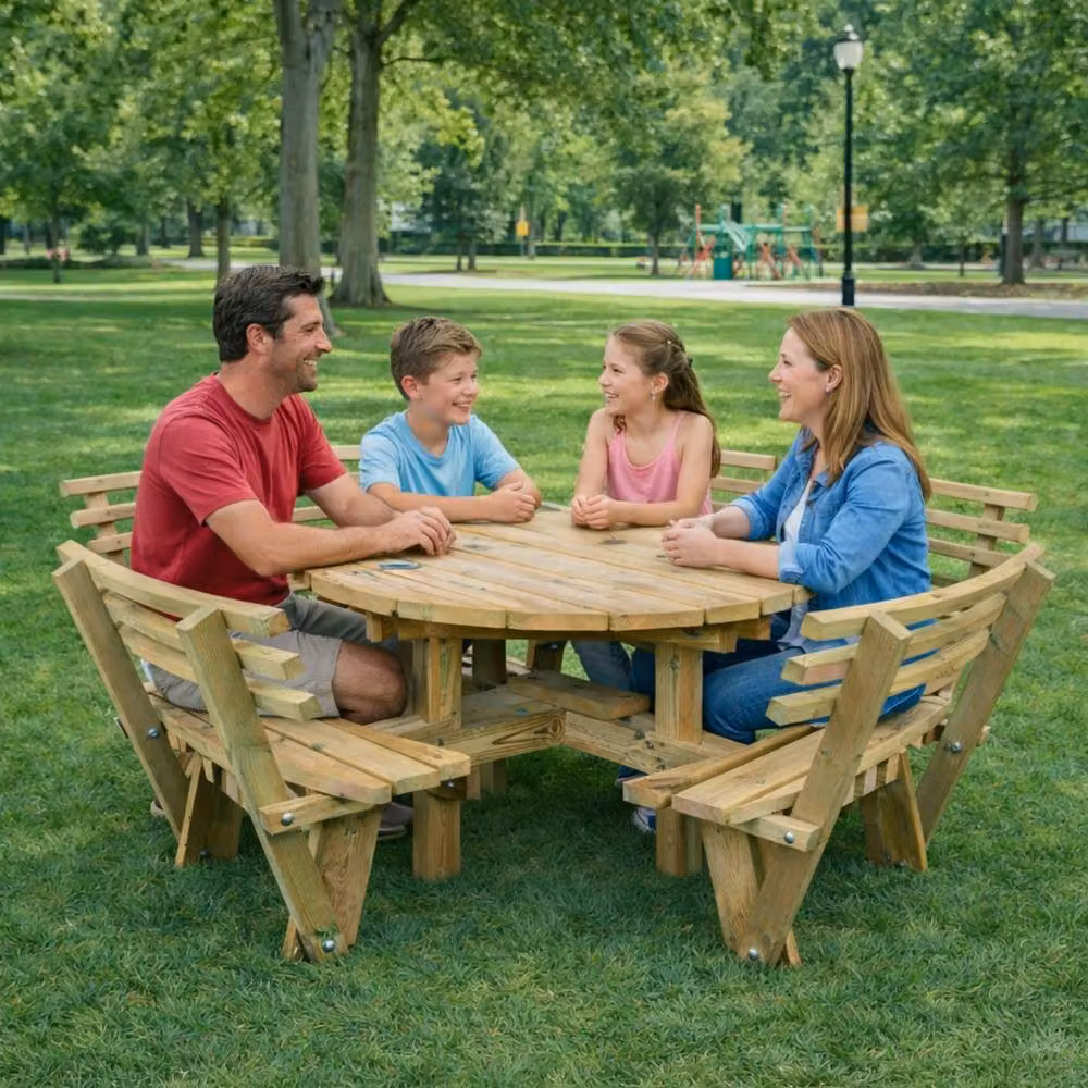 Churnet Valley Garden Furniture Ltd Westwood Round 8 Seat Picnic Table with Backrests, Light Brown, W: 205 cm, D: 205 cm, H: 80 cm – 3