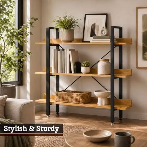 Premier Housewares 3 Tier Wall Mounted Shelf Unit in Gold and Yellow with Beech Grain Wood Shelves, W/D/H: 120 x 28 x 107 cm – 4