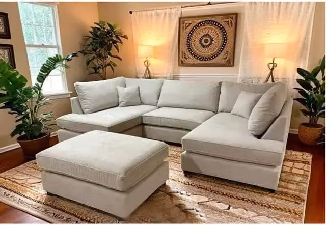 Furniture786ltd Cinema U-Shape Corner Sofa in Beige Chenille Fabric